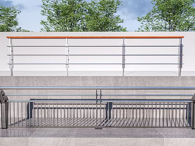 Stainless Steel Outdoor Railing With Orange Top Rail In Park With Trees And Blue Sky 3d model