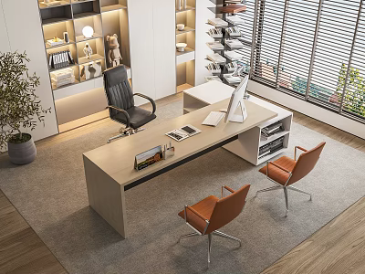 Modern Office Desk Setup With Ergonomic Chairs Bookshelf And Natural Light 3d model