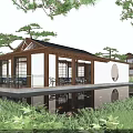 Traditional Style Boutique Guesthouse Building Over Water With Terrace Round Window And Pine Trees