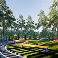 Wooded Surroundings Circular Fenced Children's Playground With Track Slides Swings Green Lawn And Gray Path