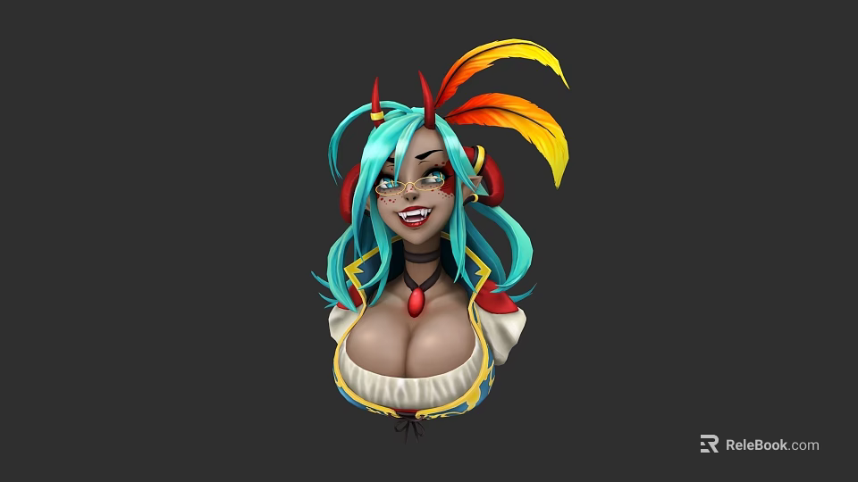 Vibrant Game and Movie Character With Teal Hair Red Horns and Feather Decorations 3d model 