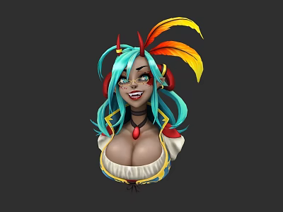 Vibrant Game and Movie Character With Teal Hair Red Horns and Feather Decorations 3d model