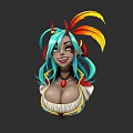 Vibrant Game and Movie Character With Teal Hair Red Horns and Feather Decorations