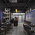 Modern Café Interior Design With Wooden Elements Hanging Lights Counter And Tables