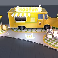 Yellow Food Truck With Outdoor Seating Umbrella Flamingo Decorations And 2023 Signage