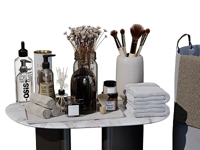 Stylish Bathroom Ensemble With Marble Countertop Aromatherapy Products Dried Flowers Makeup Brushes And Towels 3d model