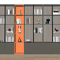 Modern Wooden Bookshelf With Glass Doors And Orange Accent For Books And Decorative Items