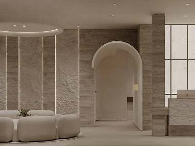 Modern Elegant Beauty Salon Interior With Curved Sofa Stone Walls And Arched Doorway 3d model