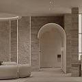 Modern Elegant Beauty Salon Interior With Curved Sofa Stone Walls And Arched Doorway