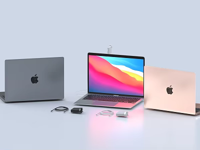 Apple MacBooks In Different Colors Open Screen Colorful Display With Charger And Earphones 3d model