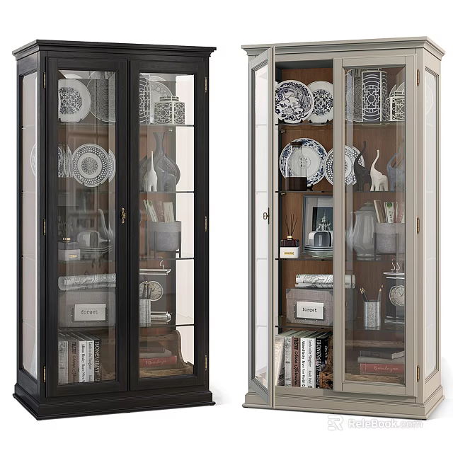 Glass Door Cabinets With Display Plates Vases And Books In Black And Light Colors 3d model 