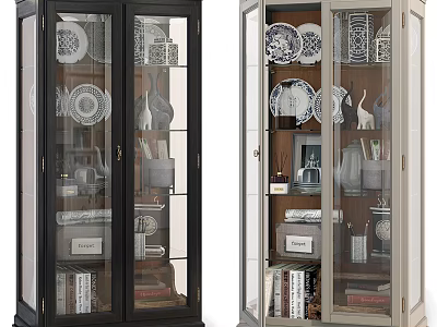 Glass Door Cabinets With Display Plates Vases And Books In Black And Light Colors 3d model