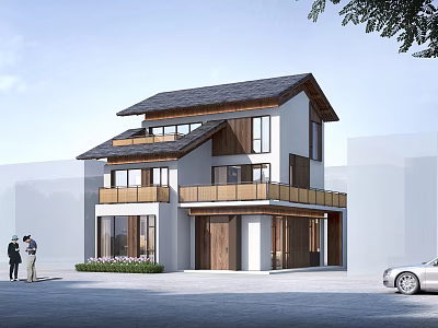 Modern Two Story Detached House With Wood White Exterior Front Garden And Balcony 3d model
