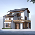 Modern Two Story Detached House With Wood White Exterior Front Garden And Balcony