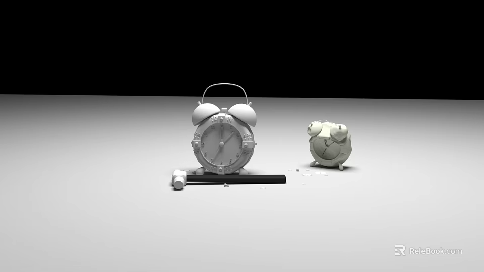 Silver Alarm Clock And White Cartoon Clock With Pen And Cap 3d model 