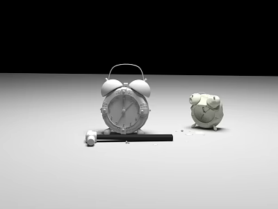Silver Alarm Clock And White Cartoon Clock With Pen And Cap 3d model