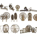 Various Wooden Garden Ornaments Featuring Windmills Trellises And Decorative Wheels