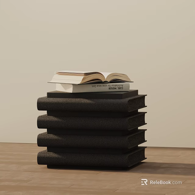Minimalist Side Table Featuring Stack of Black Books and Open Book on Wooden Top 3d model 