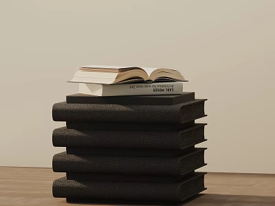 Minimalist Side Table Featuring Stack of Black Books and Open Book on Wooden Top 3d model