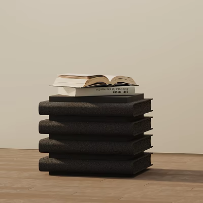 Minimalist Side Table Featuring Stack of Black Books and Open Book on Wooden Top 3d model