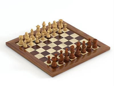 Chess Board Game Entertainment With Wooden Chessboard And White Brown Pieces Arranged On Checkerboard 3d model