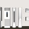 Various Styles of White Air Conditioner Fans Including Standing and Wall Mounted Indoor Units
