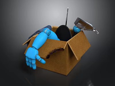 Brown Cardboard Box Containing Blue Robotic Arm Metal Tool And Black Object 3d model