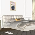 Elegant Double Bed with White Leather Headboard Striped Bedspread Sunflower Pillow and Beige Curtains