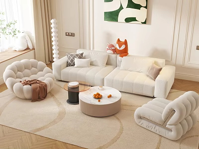 Contemporary Living Room Featuring White Sectional Sofa Round Armchairs Beige Rug And Coffee Table 3d model