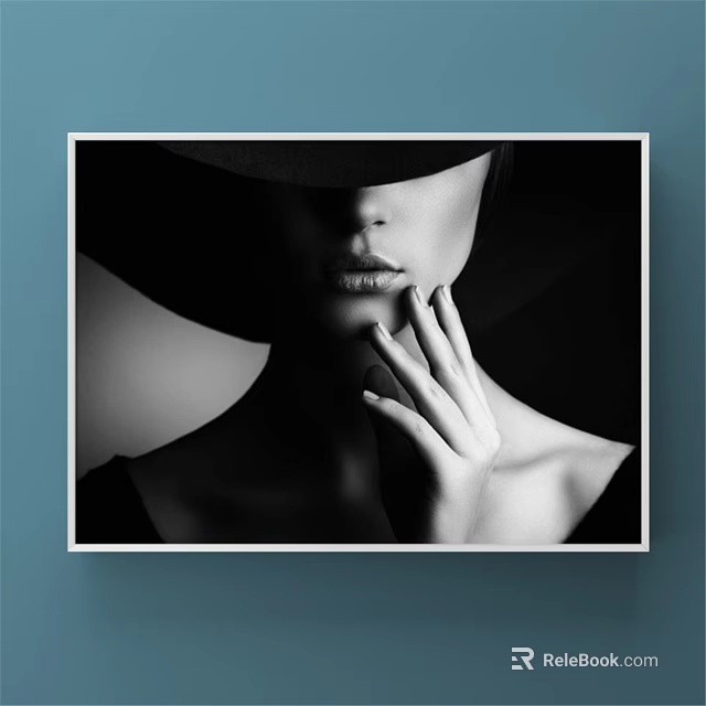 Black and White Woman Portrait Painting With Wide Brimmed Hat Lips and Hand on Blue Wall 3d model 