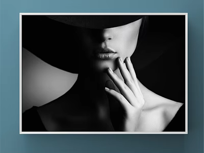 Black and White Woman Portrait Painting With Wide Brimmed Hat Lips and Hand on Blue Wall 3d model