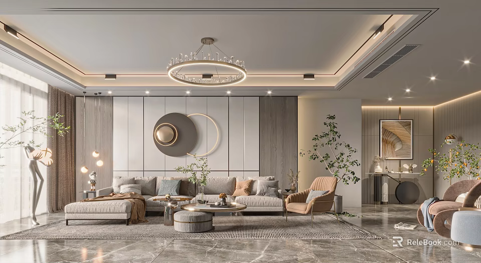 Modern Living Dining Room Interior With Sofa Coffee Table Chandelier Circular Art And Green Plants 3d model 