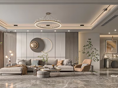 Modern Living Dining Room Interior With Sofa Coffee Table Chandelier Circular Art And Green Plants 3d model