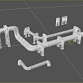 White Pipes 3D Model with Bends Connections Brackets Valves on Gray Background