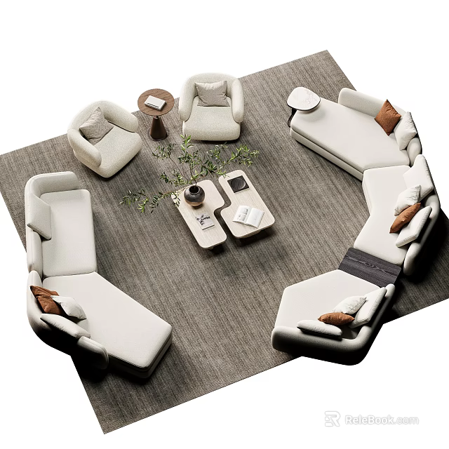 Contemporary Cream Fabric Sofa And Coffee Table Combination With Lounge Chairs For Elegant Living Room 3d model 