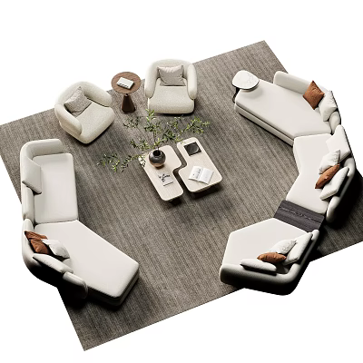 Contemporary Cream Fabric Sofa And Coffee Table Combination With Lounge Chairs For Elegant Living Room 3d model