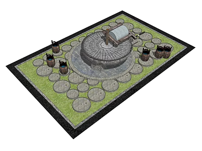 Rural Landscape with Circular Stone Structure Surrounding Stone Benches Wooden Barrels and Grassy Area 3d model