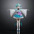 3D Anime Character With Green Hair Blue White Kimono Dress Purple Ribbon White Stockings