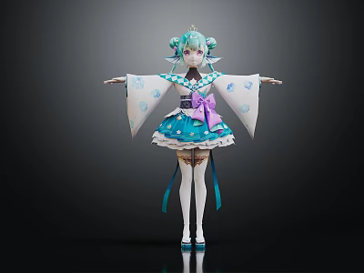 3D Anime Character With Green Hair Blue White Kimono Dress Purple Ribbon White Stockings 3d model