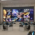 Modern Control Room Interior Design With Workstations Monitoring Screens And Upper Seating