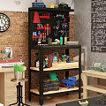 Functional Desk With Organized Tool Storage Multi Tier Shelves And Workshop Tools 3d model