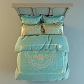 Elegant Double Bed With Carved White Headboard And Turquoise Bedding Featuring Gold Patterns 3d model