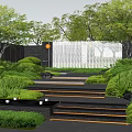 Modern Courtyard Feature Wall With Lush Green Plants Stone Steps And Trees 3d model