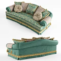 Traditional Green And Beige Two Seater Sofa With Patterned Cushions Decorative Armrests And Fringed Base