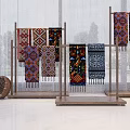 Indoor Decorative Ornament Combination with Colorful Tapestries Wooden Stands and Woven Baskets 3d model