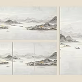 Traditional Chinese Ink Landscape Paintings With Mountains Water And Boats In Soft Tones