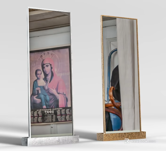 Two Standing Mirrors With Gold Frames Reflecting Religious Painting And Decorative Items 3d model 