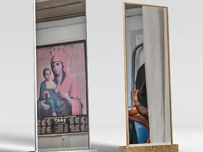 Two Standing Mirrors With Gold Frames Reflecting Religious Painting And Decorative Items 3d model