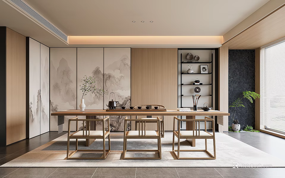 Modern Chinese Style Tea Room With Wooden Furniture Tea Sets And Landscape Painting Screen 3d model 