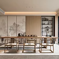 Modern Chinese Style Tea Room With Wooden Furniture Tea Sets And Landscape Painting Screen